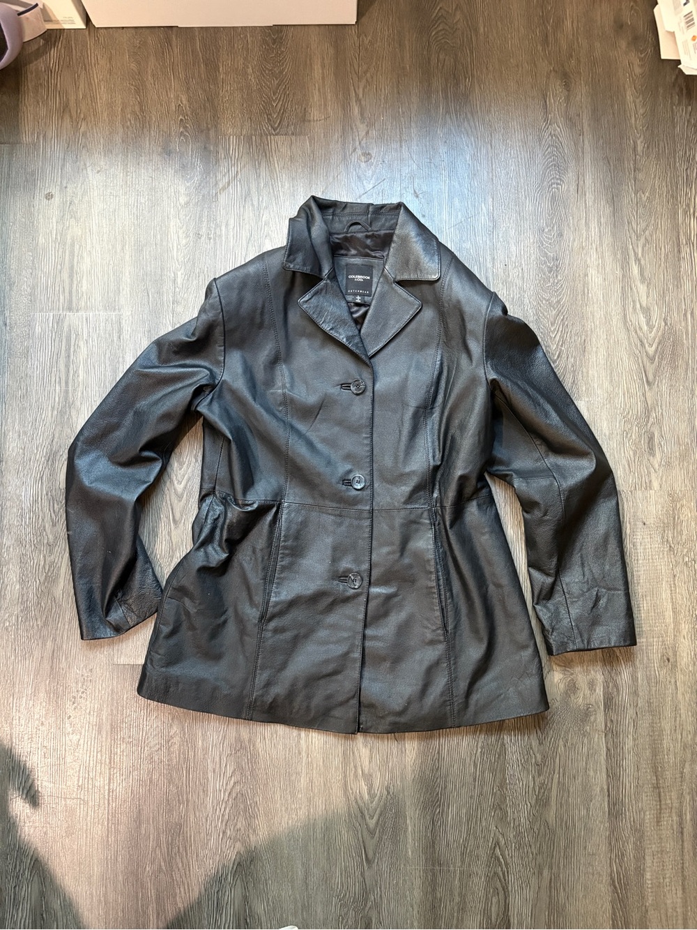 Women's Black Leather Button-Front Jacket